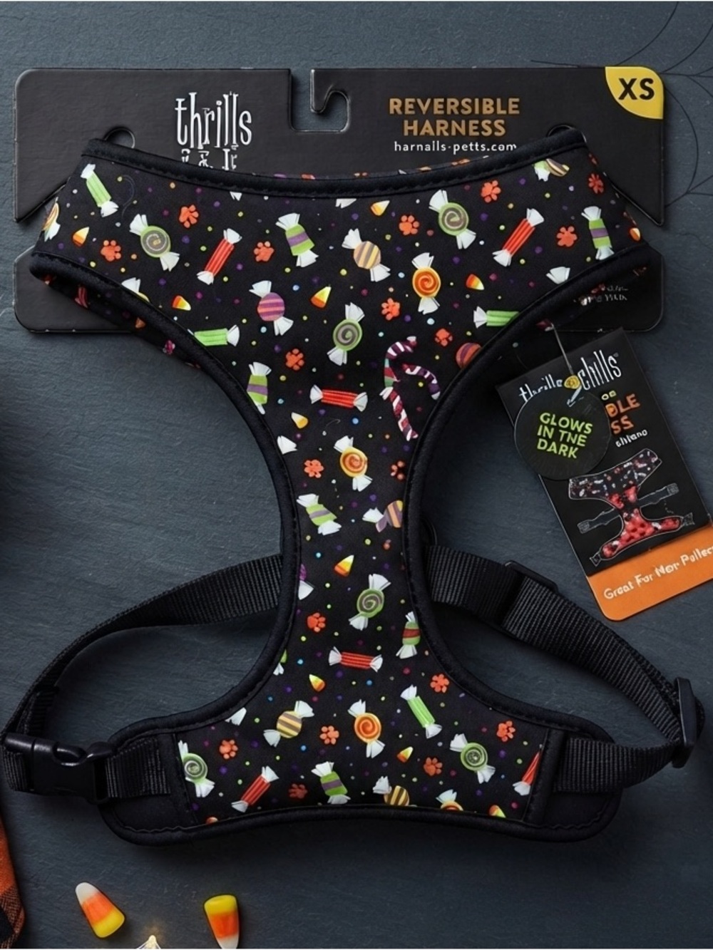 Thrills & Chills Reversible Glow in the Dark Halloween Harness Bats Candy XS